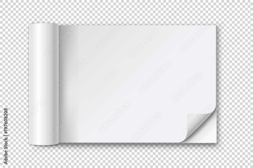 Open blank album or magazine with curled corner and soft shadow. Realistic empty template or mock up isolated on transparent background. Vector illustration, eps 10. Open blank album or magazine with curled corner and soft shadow. Realistic empty template or mock up isolated on transparent background. Vector illustration, eps 10.