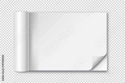 Open blank album or magazine with curled corner and soft shadow. Realistic empty template or mock up isolated on transparent background. Vector illustration, eps 10.