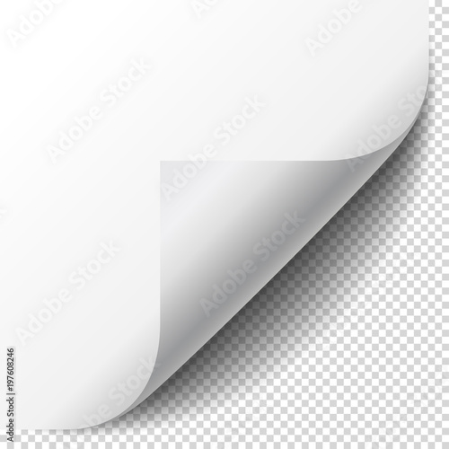 Blank page with curled corner and soft shadow. Corner of sheet of paper. Realistic vector illustration isolated on transparent background, eps 10.