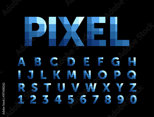 pixel alphabet, bright font from squares for text, letters