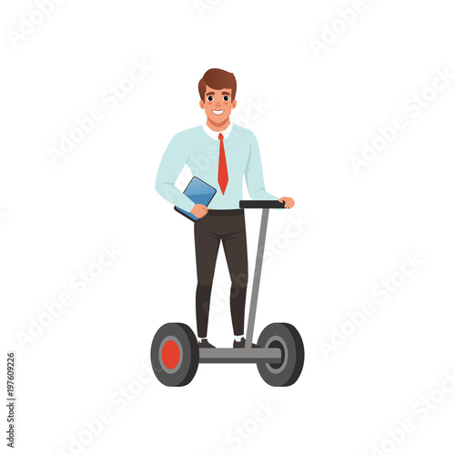 Young smiling guy riding segway and holding digital tablet in hand. Eco alternative transport. Business man on self-balancing electric scooter. Flat vector design