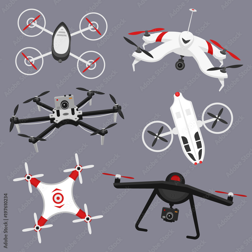 Set of modern air drones and remote control. Science and Modern technologies. Vector illustration. Radio robot or airplane with a camera in the air. Innovative systems and developments.