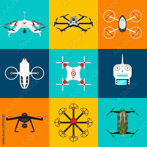 Set of modern air drones and remote control. Science and Modern technologies. Vector illustration. Radio robot or airplane with a camera in the air. Innovative systems and developments.