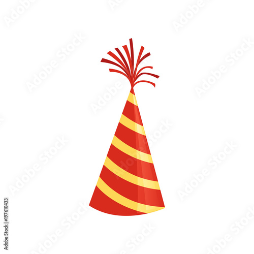 Red cone hat with yellow stripes. Colorful accessory for Birthday party. Bright vector icon in flat style. Graphic decorative element