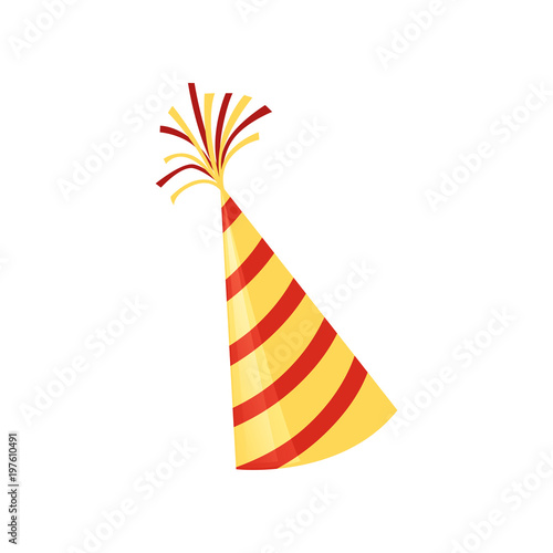 Yellow festive hat with red striped. Decorative element for greeting card or poster. Bright accessory for Birthday party. Flat vector design