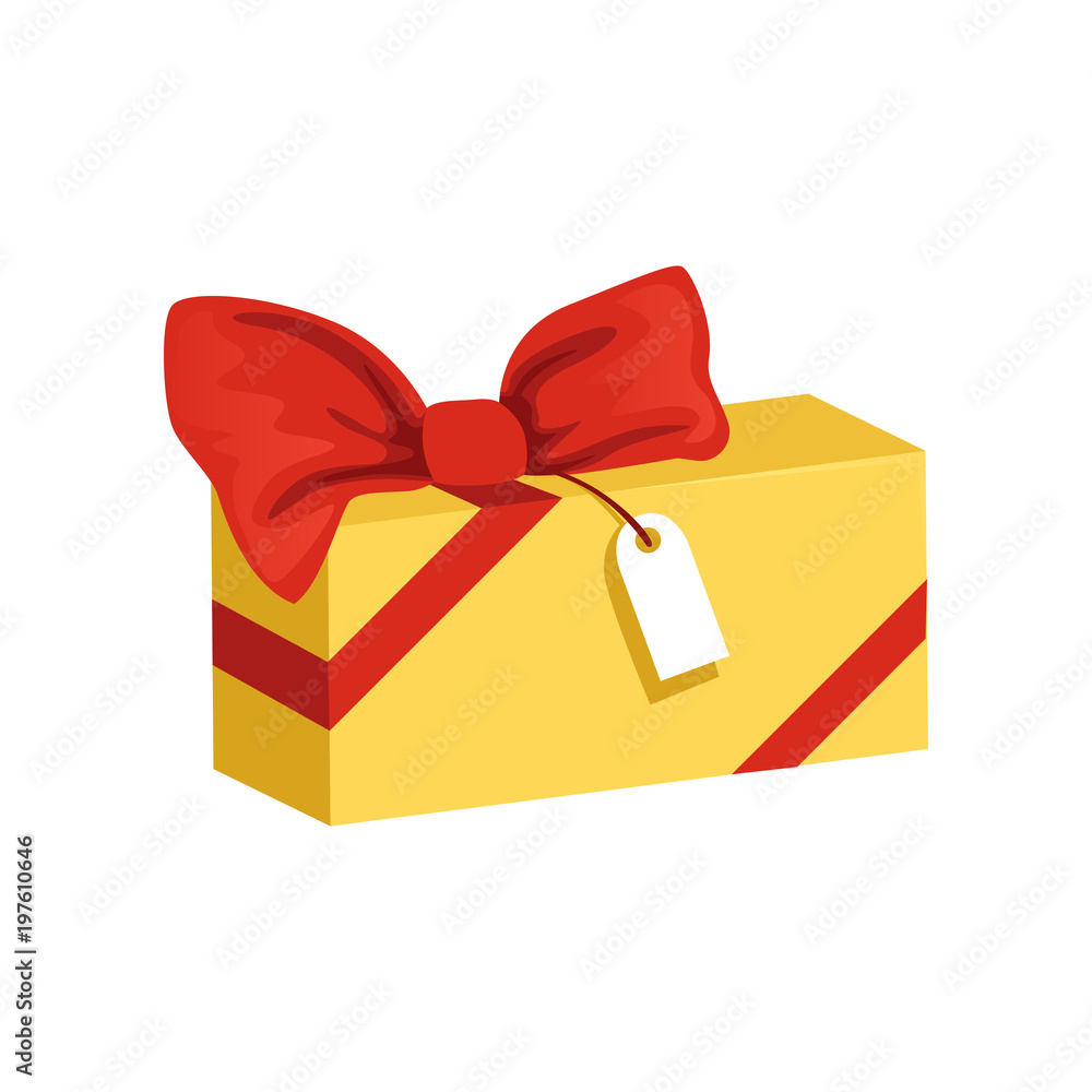 Cartoon icon of yellow rectangular gift box with big red bow and tag.  Present for holiday. Happy Birthday theme. Flat vector element for party  invitation or postcard Stock Vector | Adobe Stock