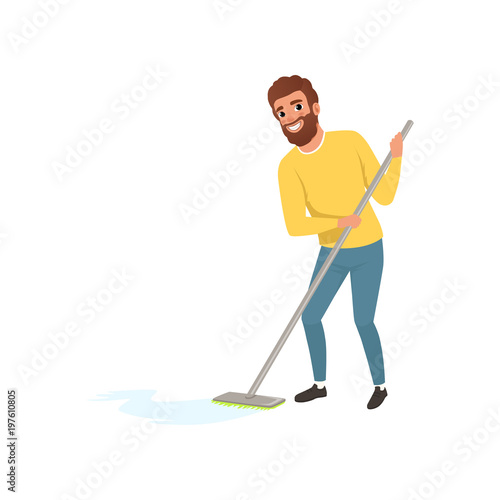 Smiling man cleaning floor with mop. Cartoon character of house husband. Young bearded guy doing housework. Male in sweater and jeans. Flat vector design