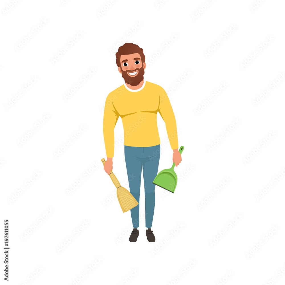 Young guy with broom and scoop in hands. Cheerful bearded man with household chores. Cartoon character of house husband. Flat vector design Young guy with broom and scoop in hands. Cheerful bearded man with household chores. Cartoon character of house husband. Flat vector design