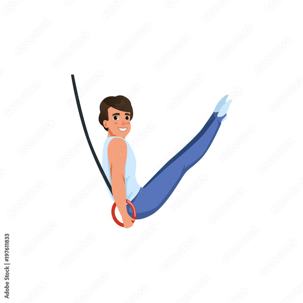 Strong young gymnast doing exercises using flying rings. Cartoon  professional athlete. Guy in sportswear. Artistic gymnastics. Flat vector  design Stock Vector | Adobe Stock