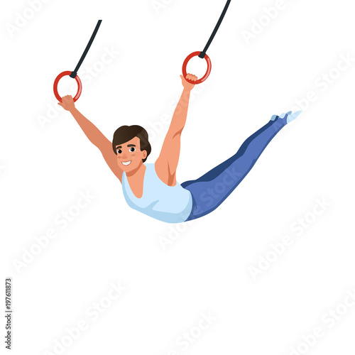 Young guy training on rings apparatus. Artistic gymnastics. Individual Olympic sport. Cartoon sportsman in gymnast costume. Flat vector design