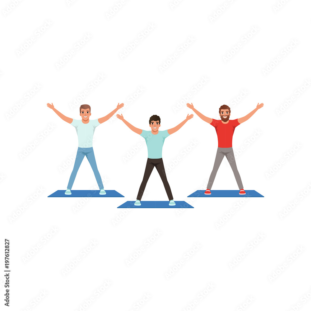 Smiling young guys workout in fitness center. People in sports outfit. Cartoon men standing with raised hands up. Active and healthy lifestyle. Flat vector design