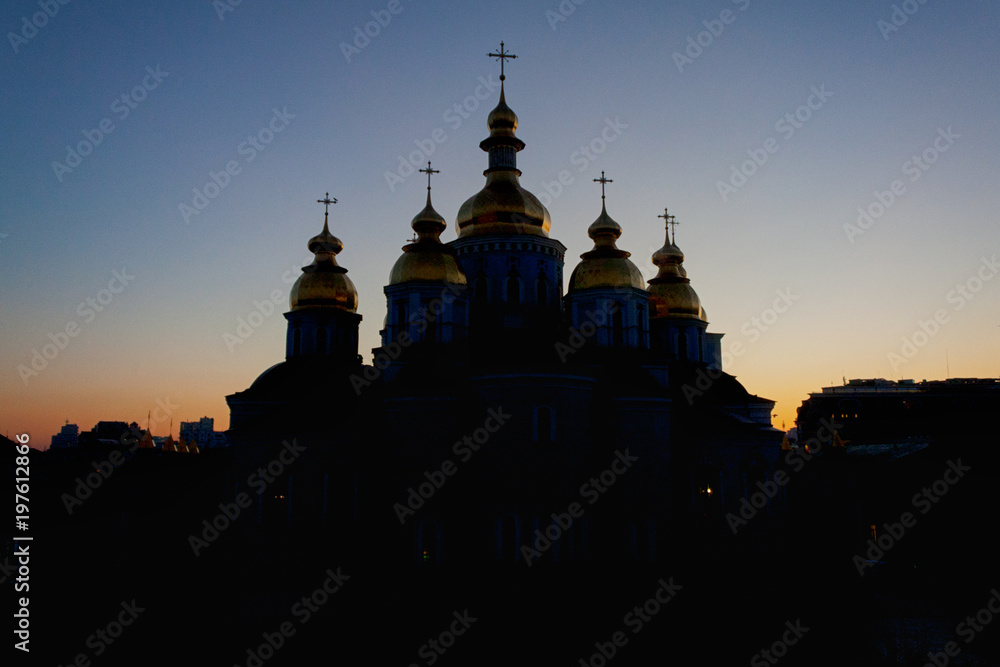 St. Michael's Golden-Domed Monastery at dusk sunset, Kiev, Ukraine