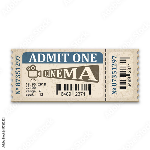 Cinema ticket in retro style. Admission ticket isolated on white background. Vector illustaration
