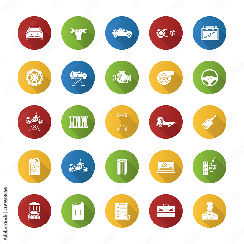 Auto workshop flat design long shadow glyph icons set Auto workshop flat design long shadow glyph icons set