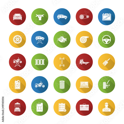 Auto workshop flat design long shadow glyph icons set