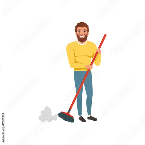 Young bearded guy sweeping/cleaning floor with plastic brush. Housekeeping theme. Cartoon man in sweater and jeans. House husband. Flat vector design