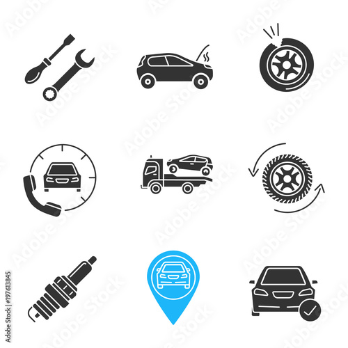 Auto workshop glyph icons set