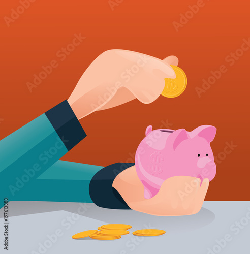Saving money for future investment concept, Man putting coin in piggy bank - Vector illustration