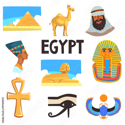 Flat vector set of Egyptian culture elements. Pyramids, camel, man in keffiyeh, Tutankhamen and Nefertiti, Great Sphinx of Giza, Ankh, eye of Horus and scarab beetle