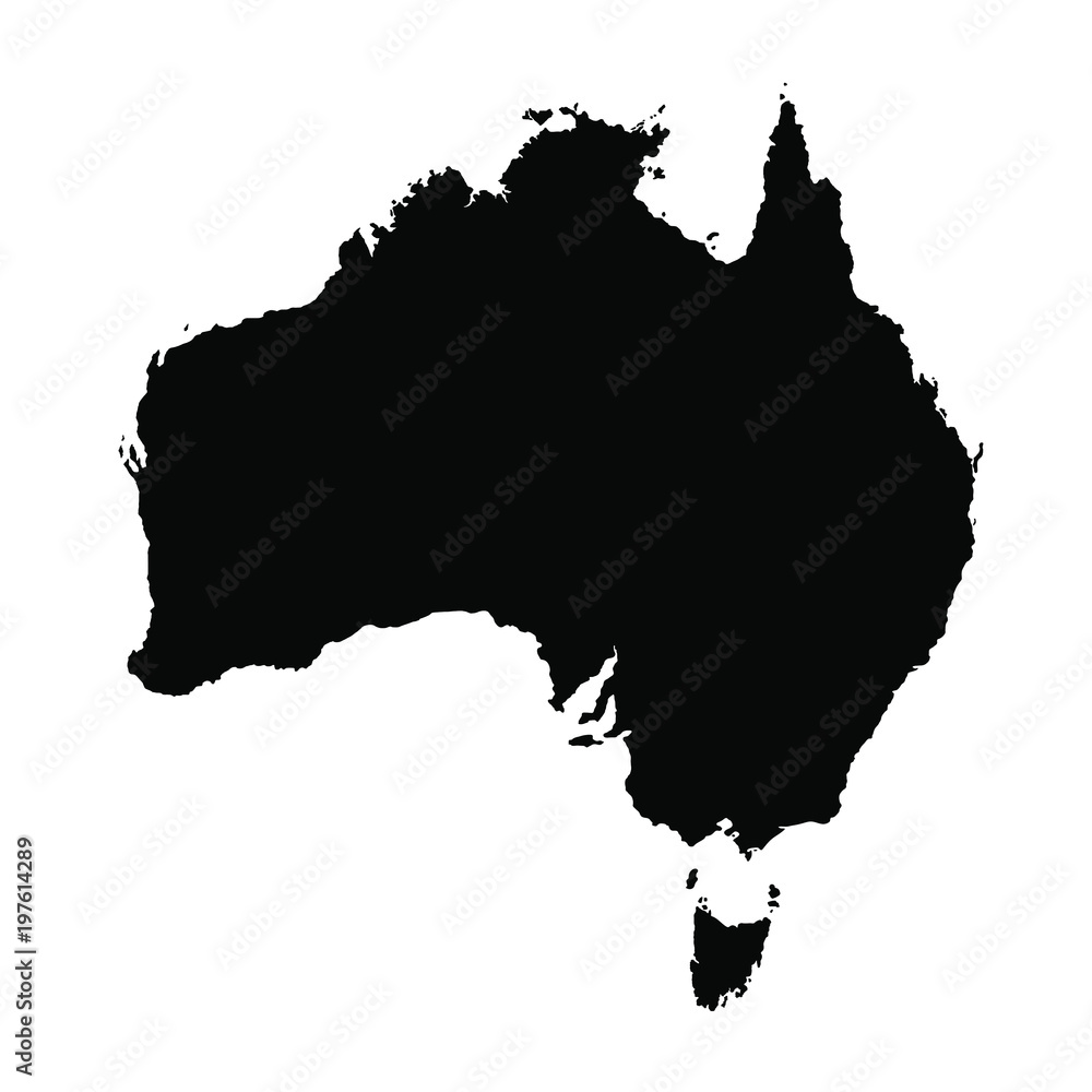 Australia map black silhuette isolated on white background vector illustration. With Tasmania and other islands.