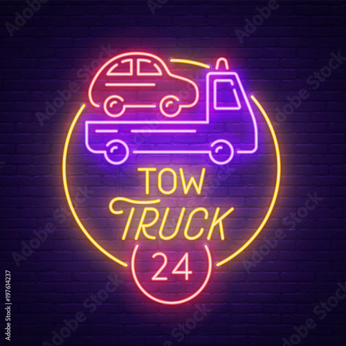 Tow Truck neon sign, bright signboard, light banner. Tow Car logo, emblem and label. Vector illustration
