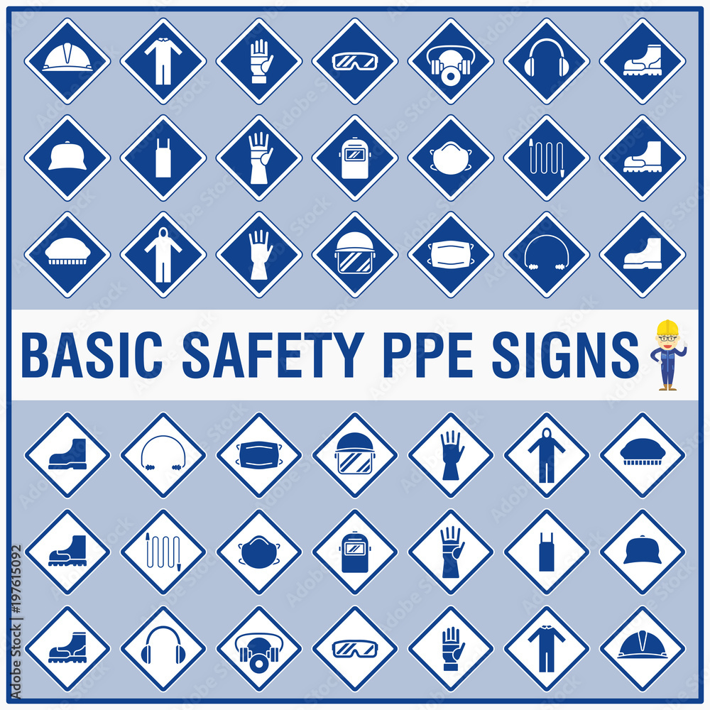 Set of safety signs and symbols for warning and remind all workers to