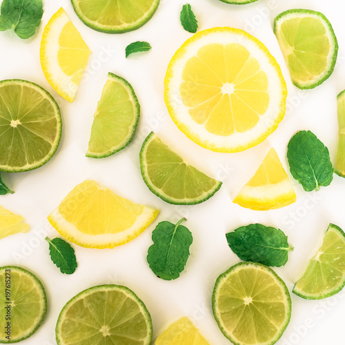 colorful pattern lime lemon slice fruit slices on white