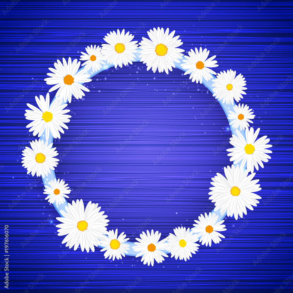 Vector round floral frame with lights effect on bright blue background. Shining banner with stars and glitter. Vector template Vector round floral frame with lights effect on bright blue background. Shining banner with stars and glitter. Vector template