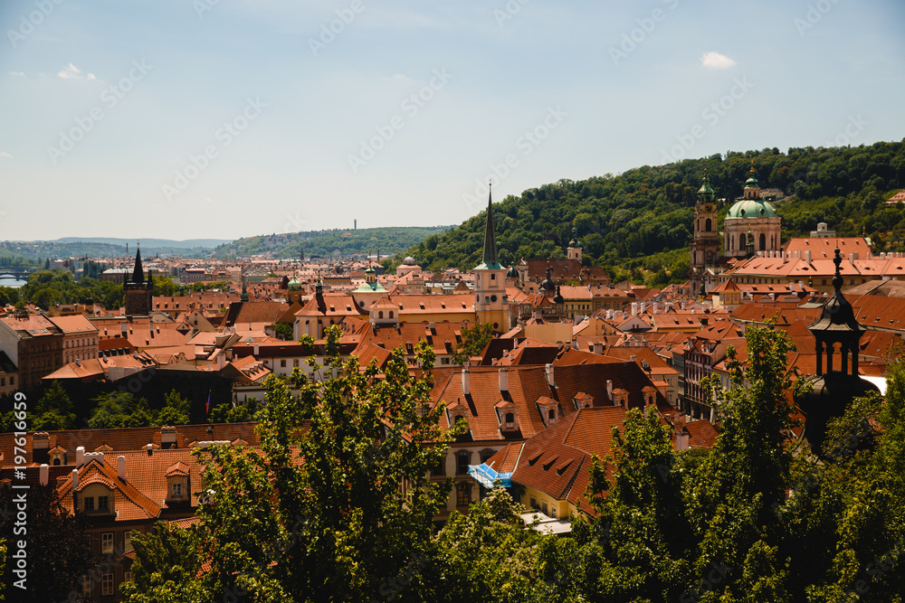 cityscape with roofs of old buildings in Prague, Czech Republic