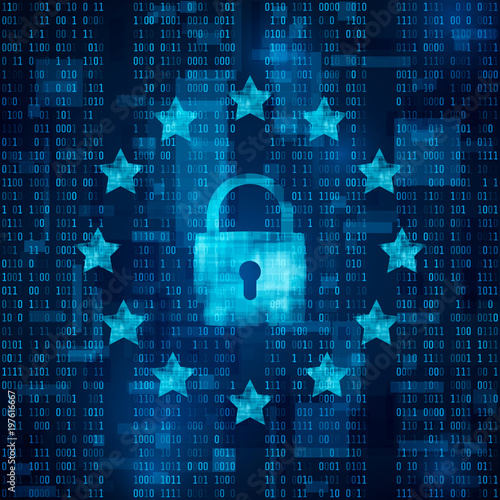 General Data Protection Regulation - GDPR.  padlock symbol, data secure. Stars on blue matrix background. Vector illustration