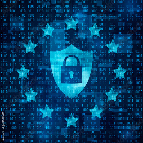 General Data Protection Regulation - GDPR. Shild with padlock, data secure. Stars on blue matrix background. Vector illustration