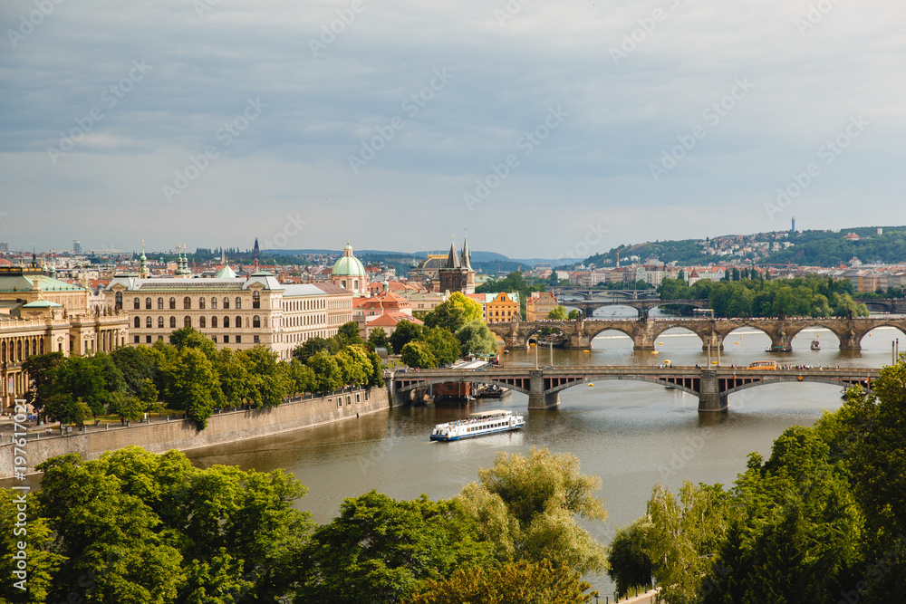 PRAGUE,CZECH REPUBLIC - JUNE 23, 2017: view of bridges on Vltava in Prague, Czech Republic