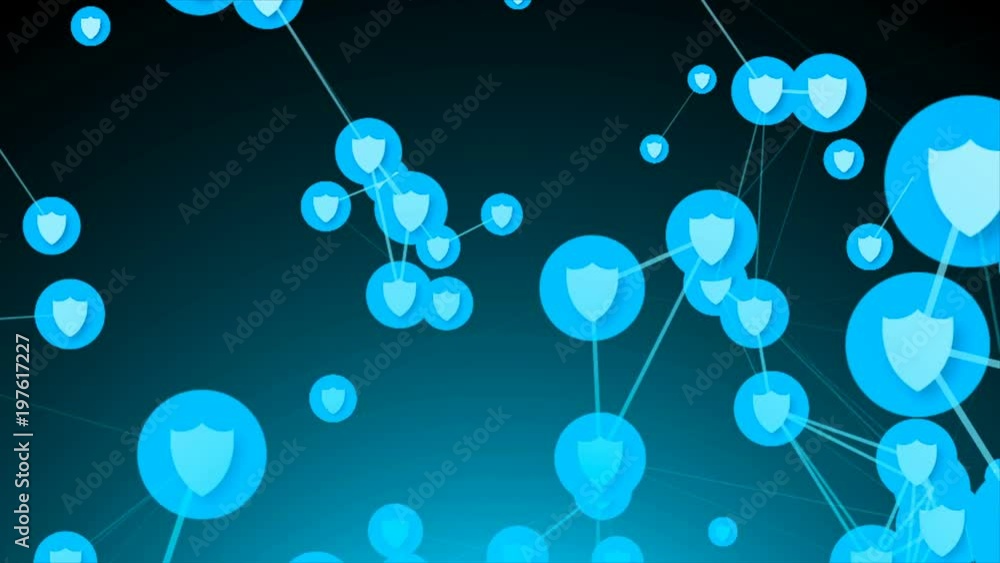 Connection of shields, symbol of safety network, 3D rendering ...