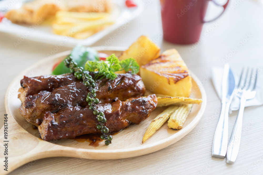 Rip barbecue with baby corn, bell pepper and pineapple grill. Rip barbecue with baby corn, bell pepper and pineapple grill.