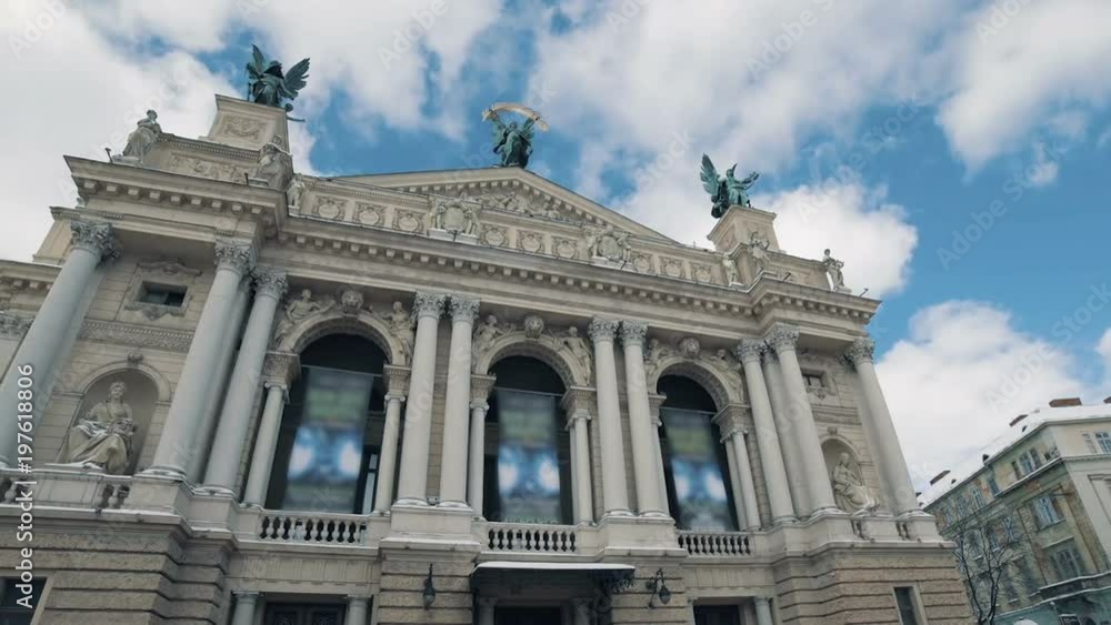 LVOV, UKRAINE - Winter 2018 Timelapse: Сold weather in old city Lviv in Ukraine. Clouds are moving quickly. Lviv Opera and Ballet Theatre. LVOV, UKRAINE - Winter 2018 Timelapse: Сold weather in old city Lviv in Ukraine. Clouds are moving quickly. Lviv Opera and Ballet Theatre.
