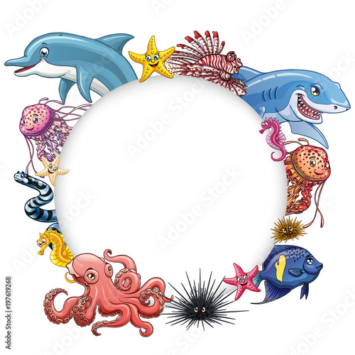 Set cute marine animals colorful on white