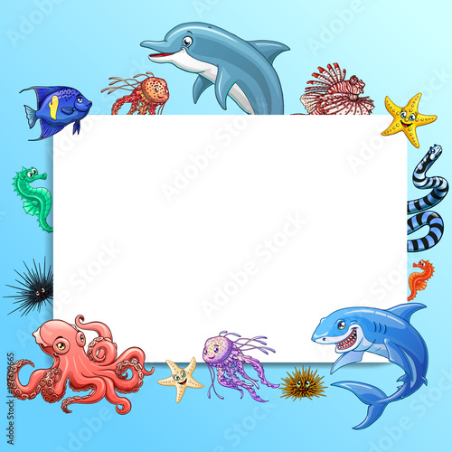 Set cute marine animals colorful on white