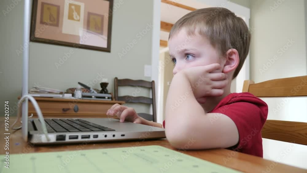 A little boyusing a computer laptop in a room A little boyusing a computer laptop in a room