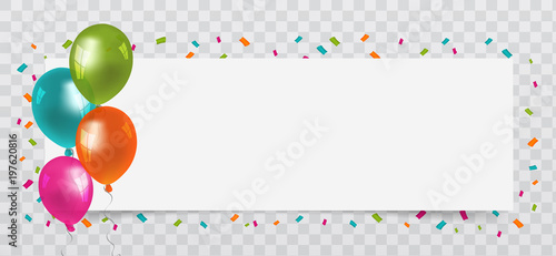 Balloons with streamers and white Paper free Space. Transparent background. Birthday, Party and Carnival Vector.