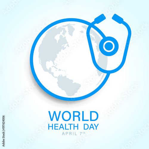 World health day with world earth map in circle around stethoscope sign vector design
