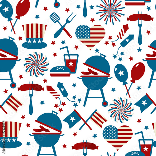 Fourth of July Party and memorial day icons. Seamless pattern.