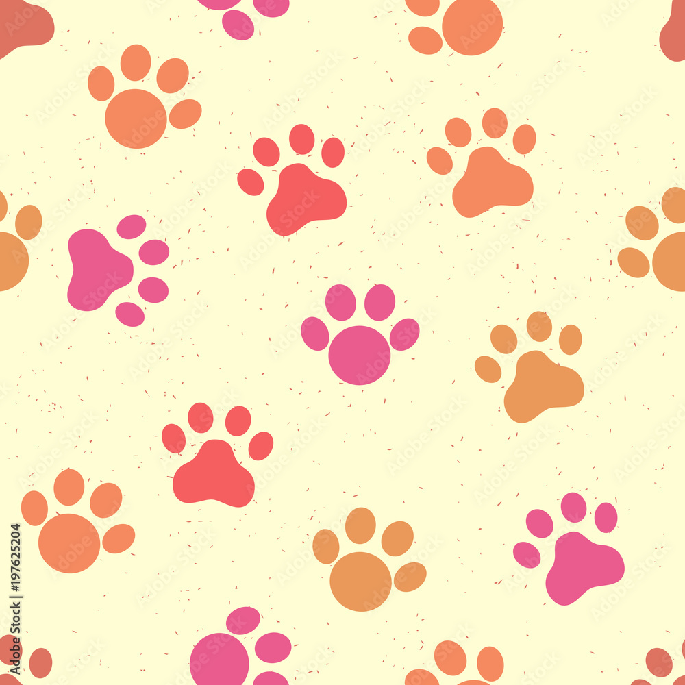 Seamless cat paws pattern on yellow background with grunge texture Seamless cat paws pattern on yellow background with grunge texture
