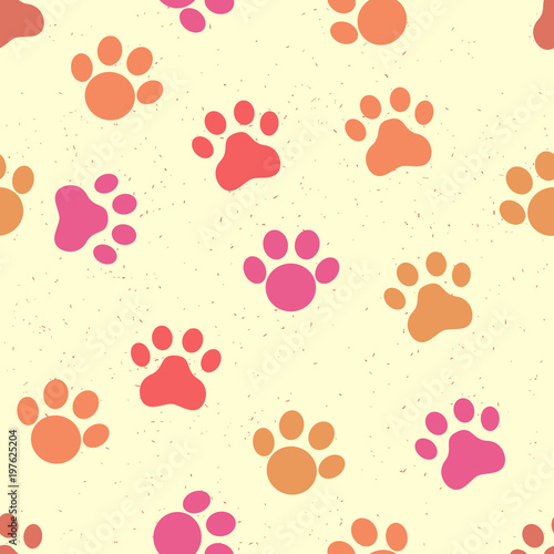 Seamless cat paws pattern on yellow background with grunge texture