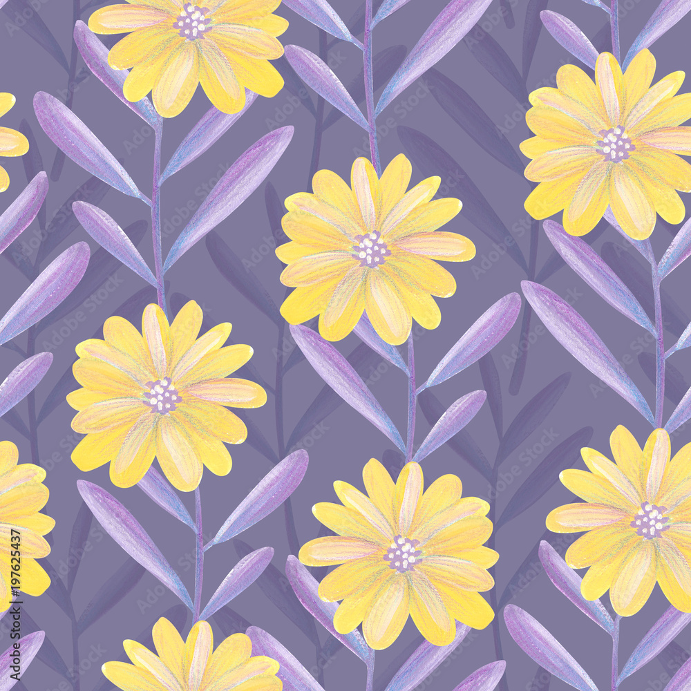 Bright floral seamless design with purple leaves and yellow flowers