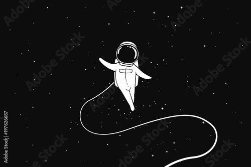 Astronaut flies alone in outer space.Spaceman welcomes us.Science theme.Vector illustration