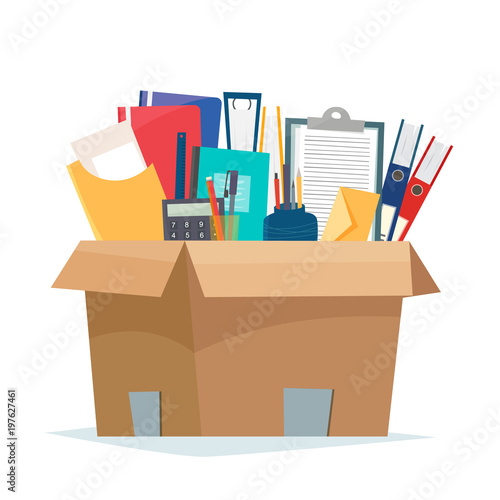 Box with office objects.