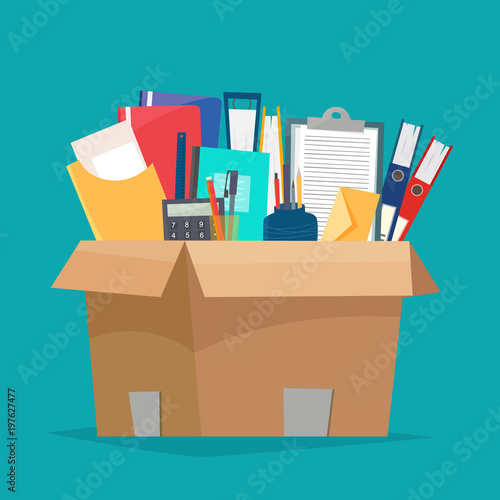 Box with office objects.