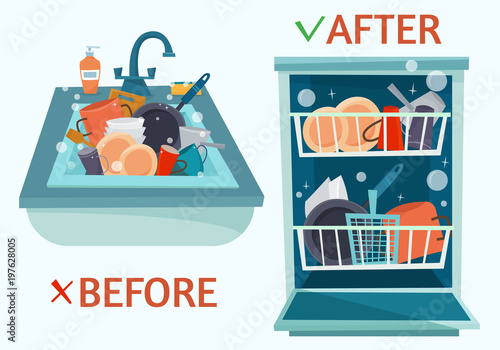 Sink dirty dishes and open dishwasher with clean dishes.
