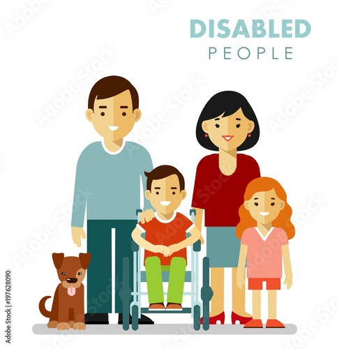 Family with disabled children concept in flat style isolated on white background. Father, mother, daughter and son in wheelchairs standing together.