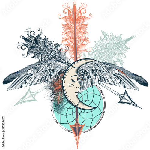 Bohemian design of indian dreamcatcher and arrows in tribal style